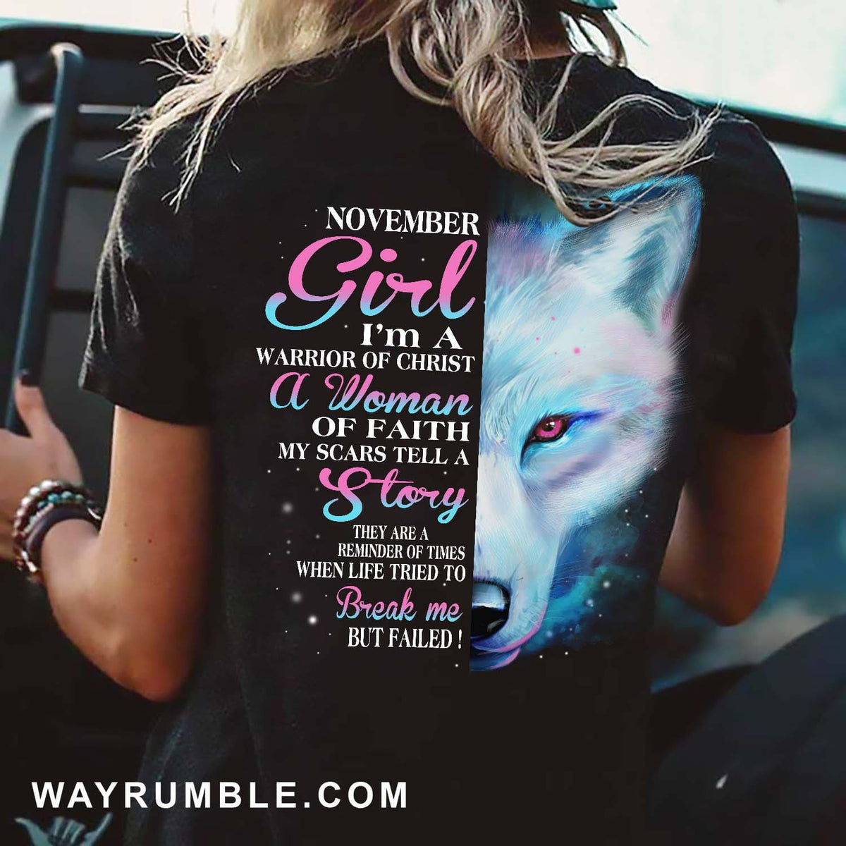 November Girl, I'm a warrior of Christ - Jesus, White Wolf Back-printed Black Apparel