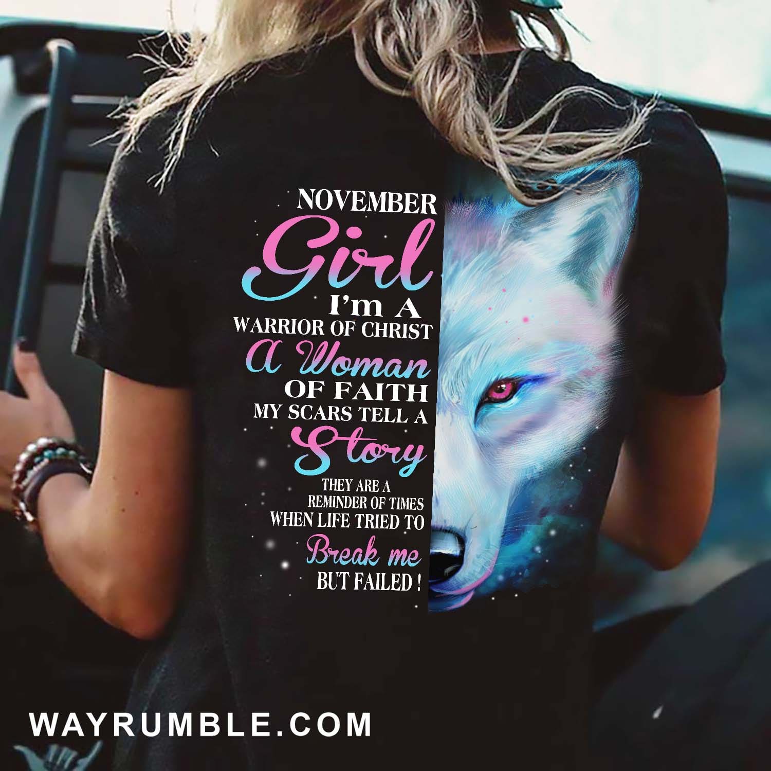 November Girl, I'm a warrior of Christ - Jesus, White Wolf Back-printed Black Apparel