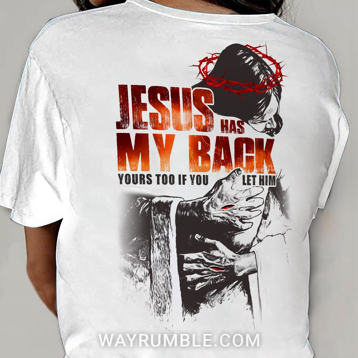 In the arms of God, Jesus has my back - Jesus painting Back-printed White Apparel