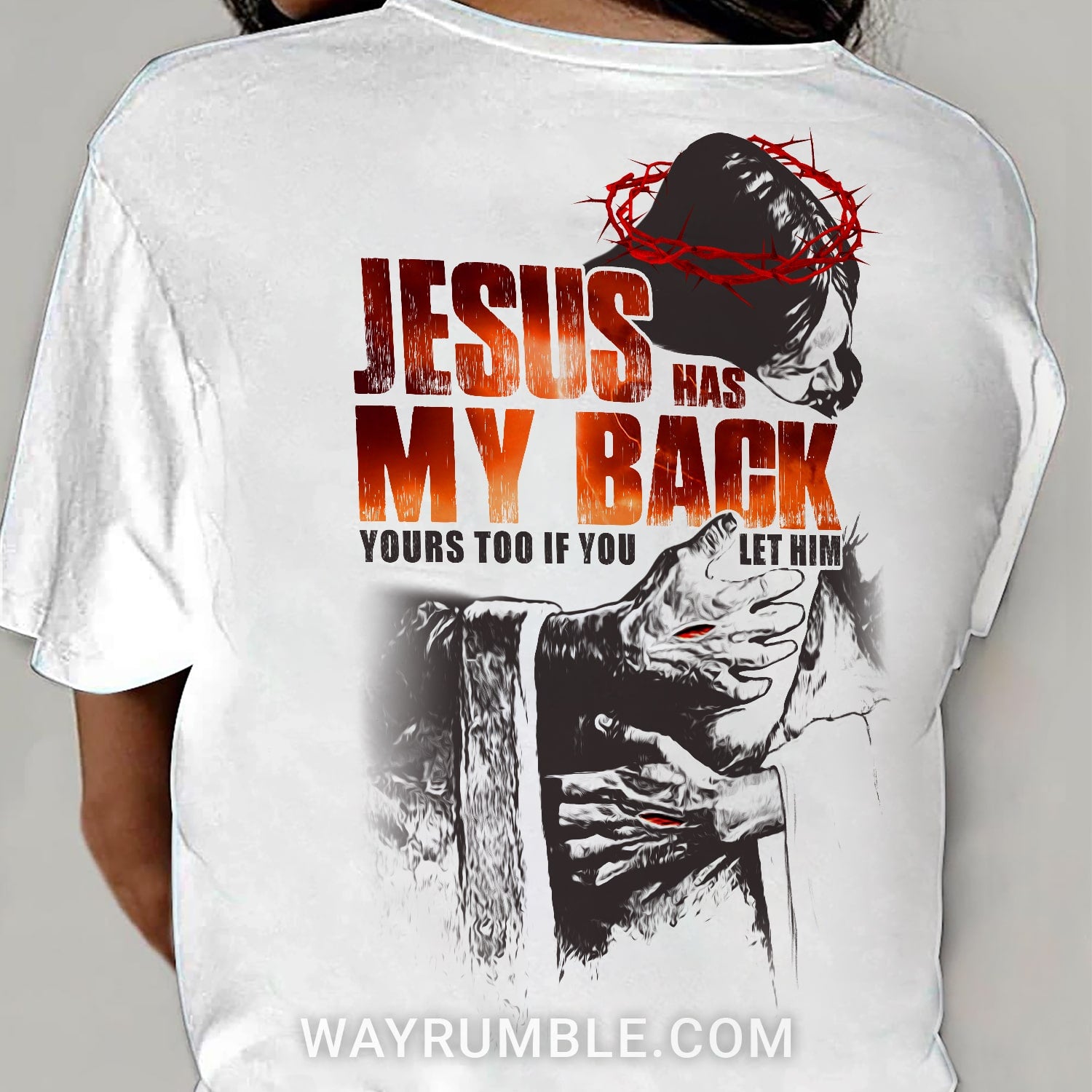 In the arms of God, Jesus has my back - Jesus painting Back-printed White Apparel