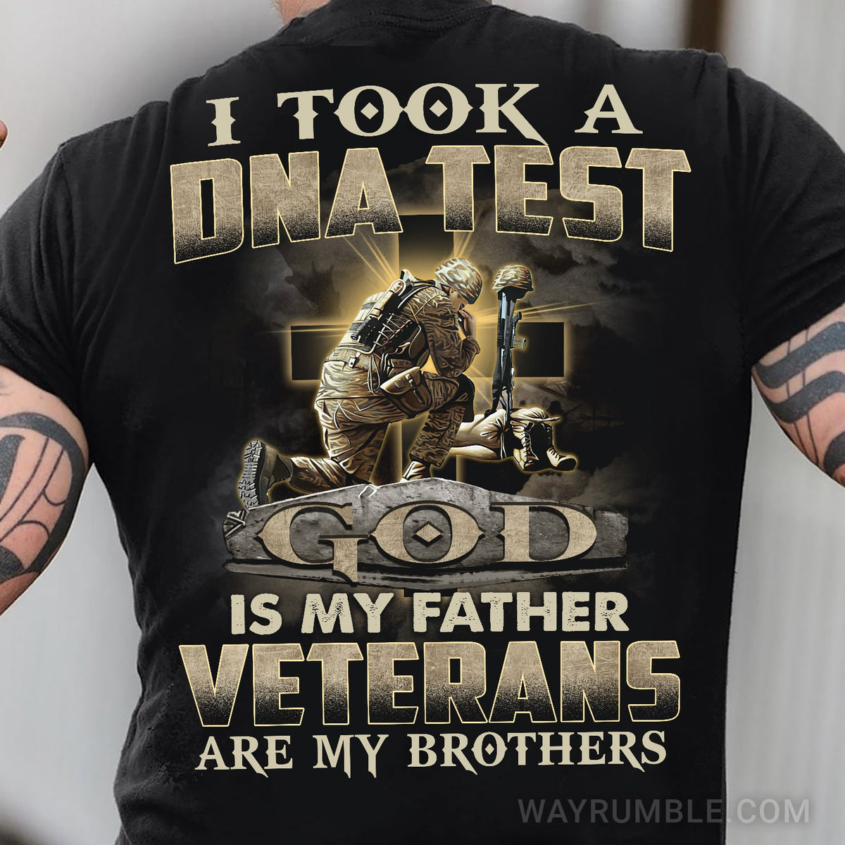 Jesus, awesome warrior, God is my father &amp; Veterans are my brothers Back-printed Black Apparel