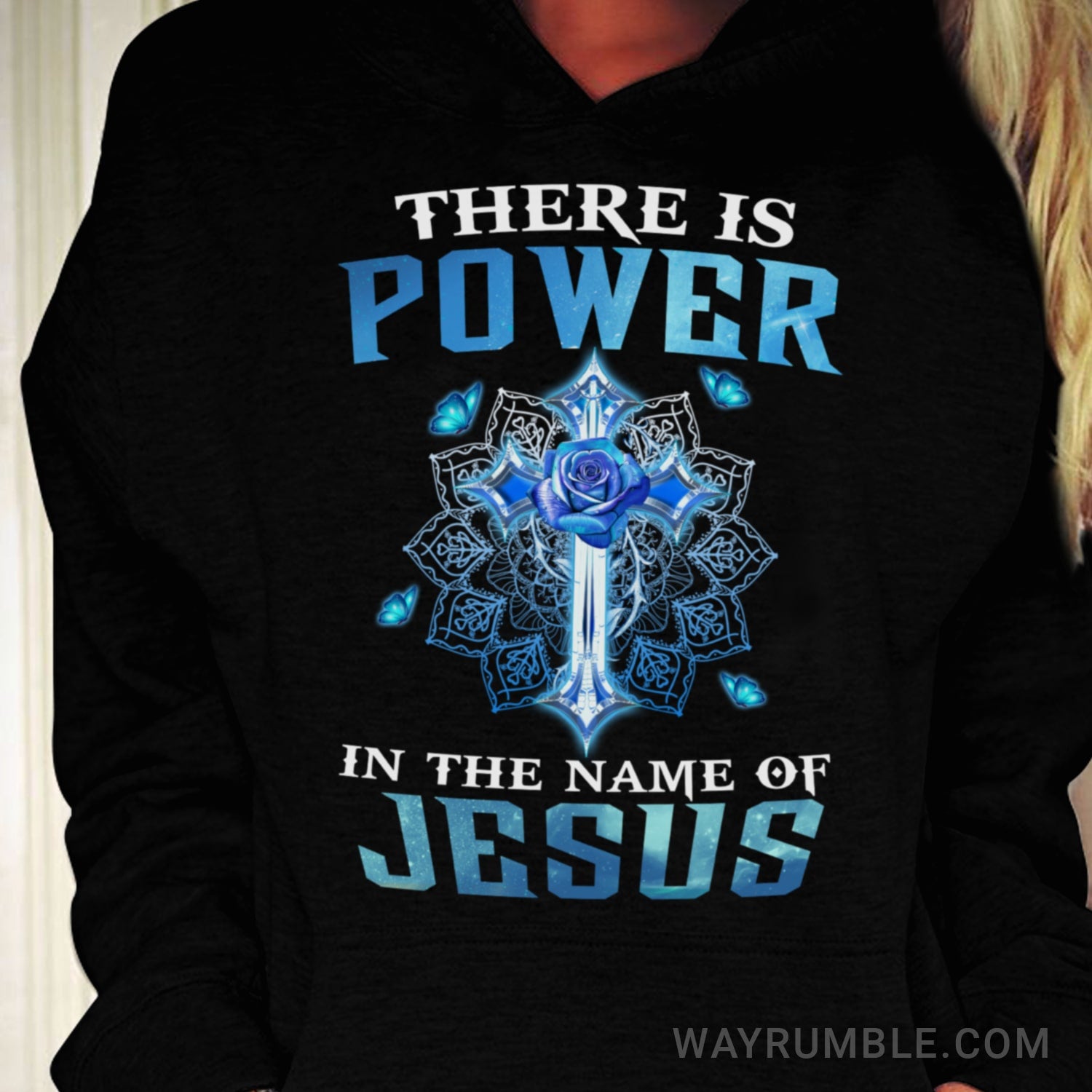 Blue rose, Blue butterfly, The cross, There is power in the name of Jesus - Jesus Black Apparel