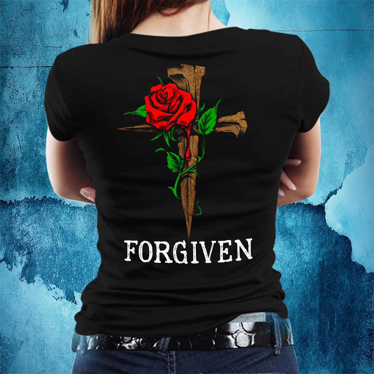 Jesus - Rose and Cross - Forgiven - Back-printed Black Apparel