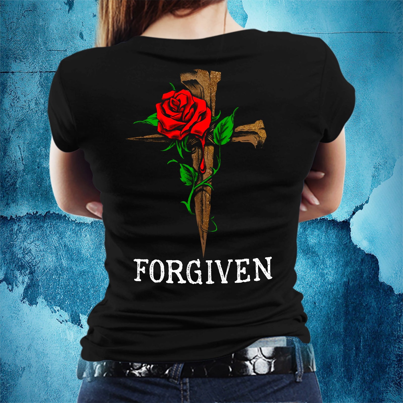 Jesus - Rose and Cross - Forgiven - Back-printed Black Apparel
