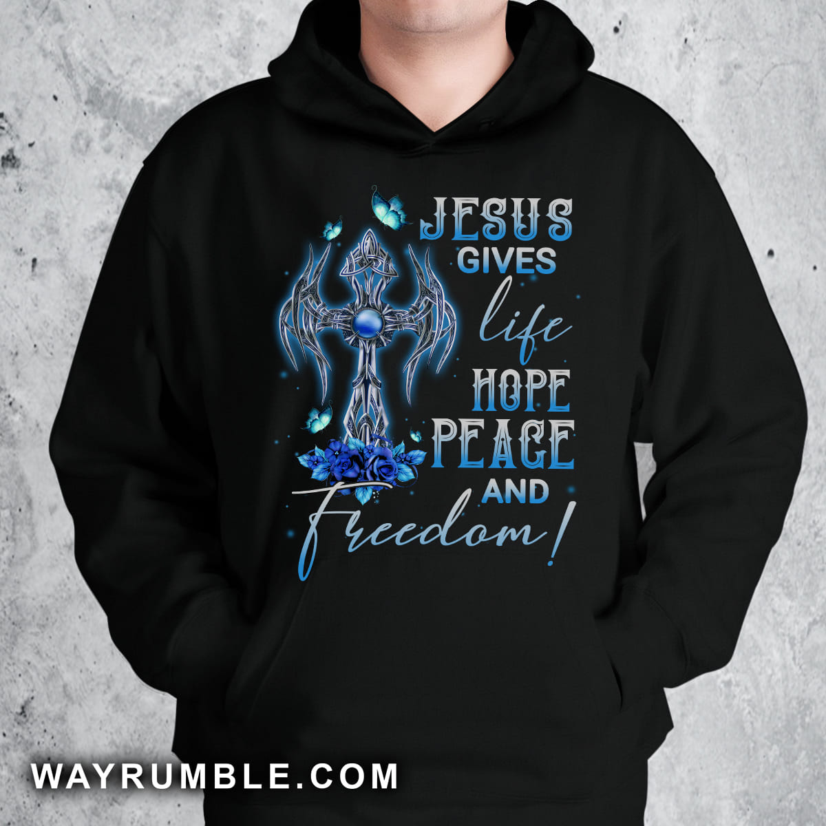 Cross symbol, Blue rose, Butterfly painting, Jesus gives life hope peace and freedom - Jesus Black Apparel
