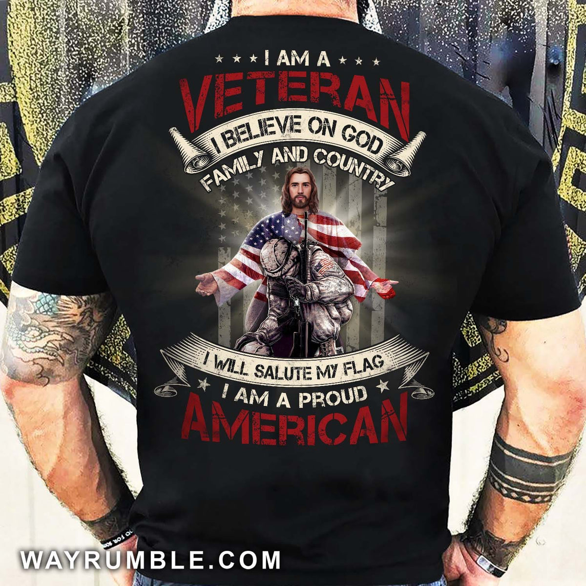 Jesus apparel, American flag, I am a veteran - Jesus Back-printed Black Apparel