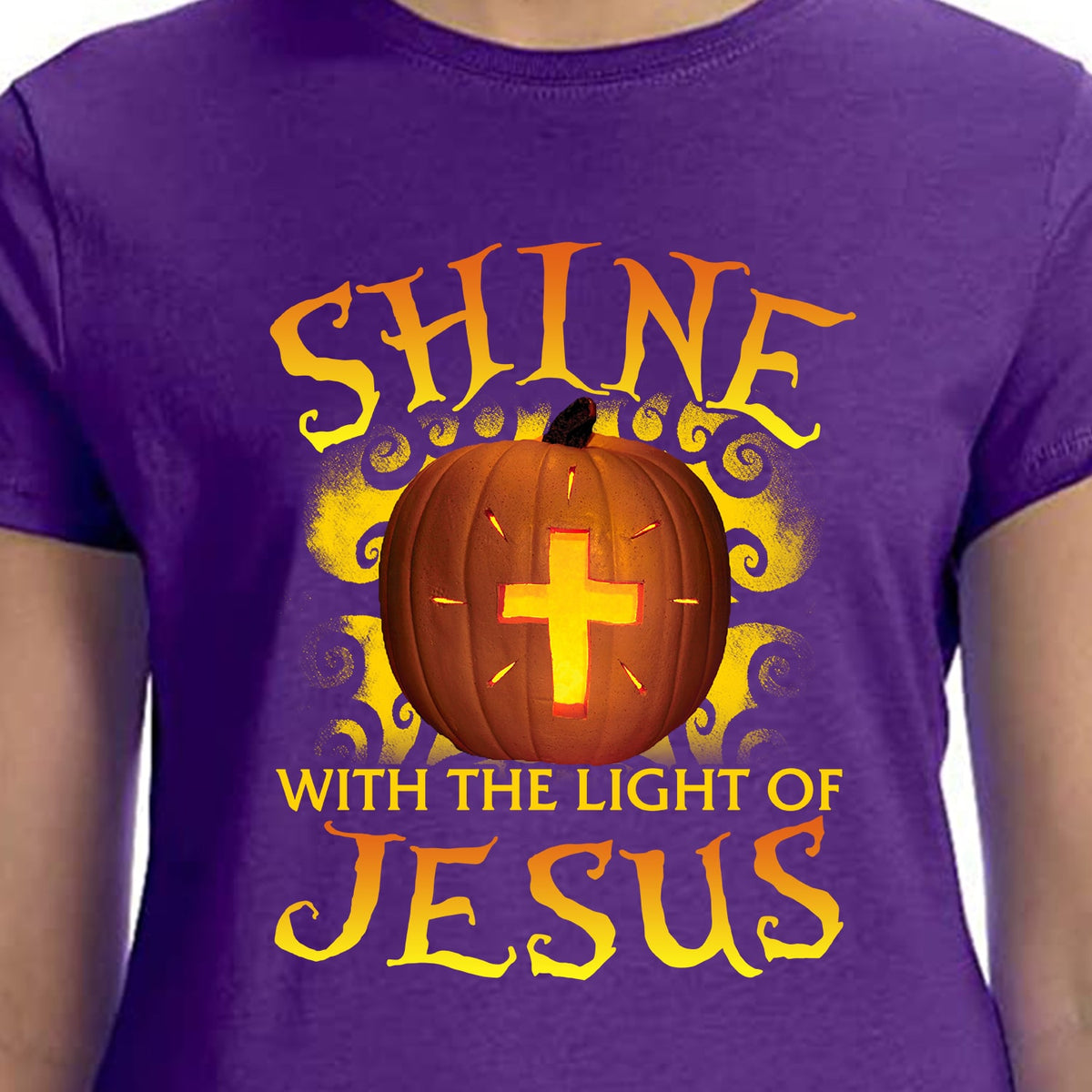 Halloween apparel, Golden cross, Big pumpkin, Shine with the light of Jesus - Jesus Black Apparel