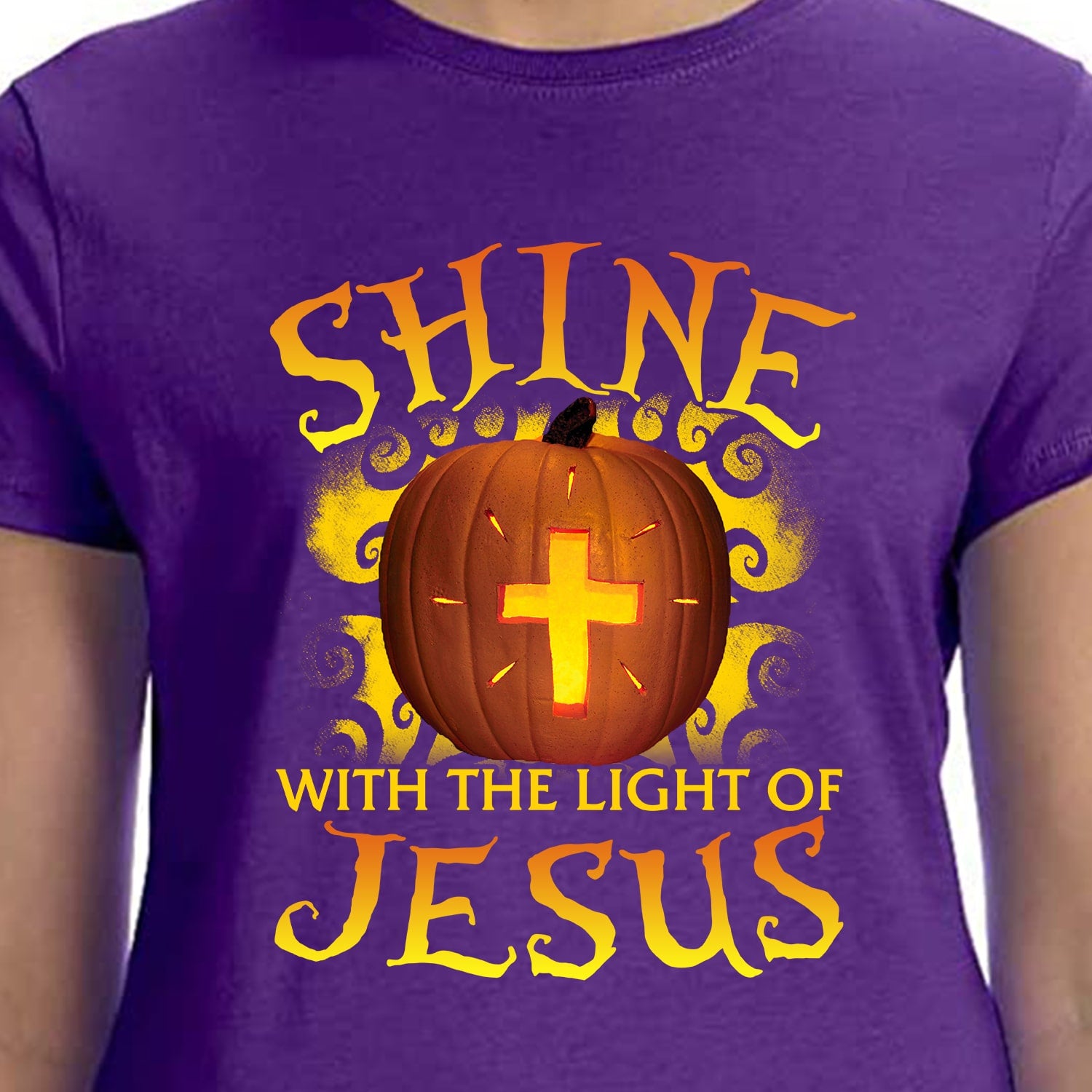 Halloween apparel, Golden cross, Big pumpkin, Shine with the light of Jesus - Jesus Black Apparel