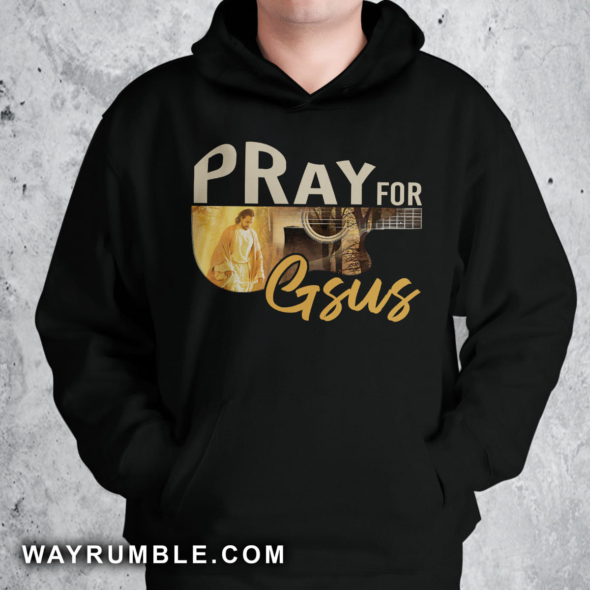 Vintage guitar, Jesus walking, Pray for Gsus - Jesus Black Apparel