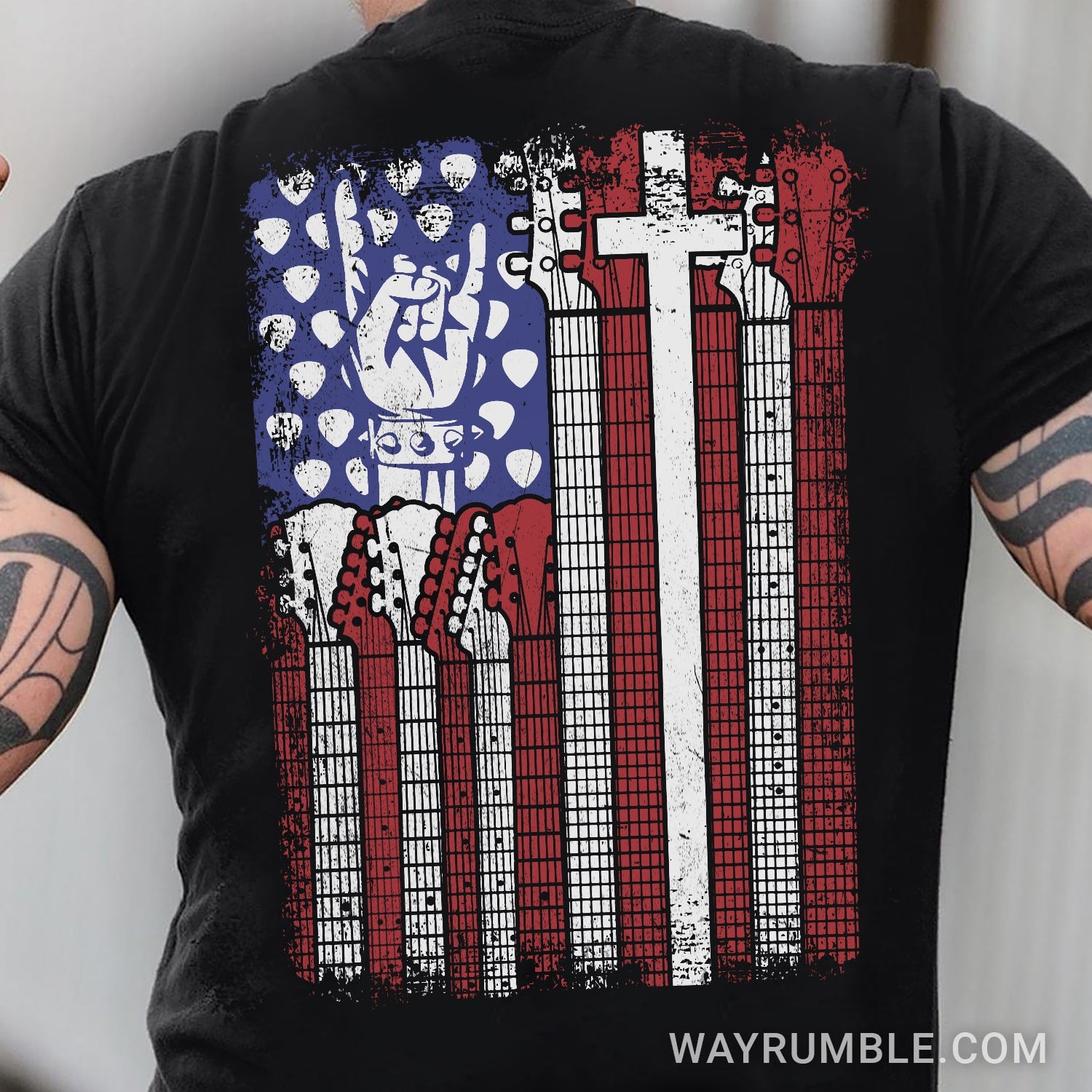 Rock hand sign, US flag - Jesus, Guitarist Back-printed Black Apparel