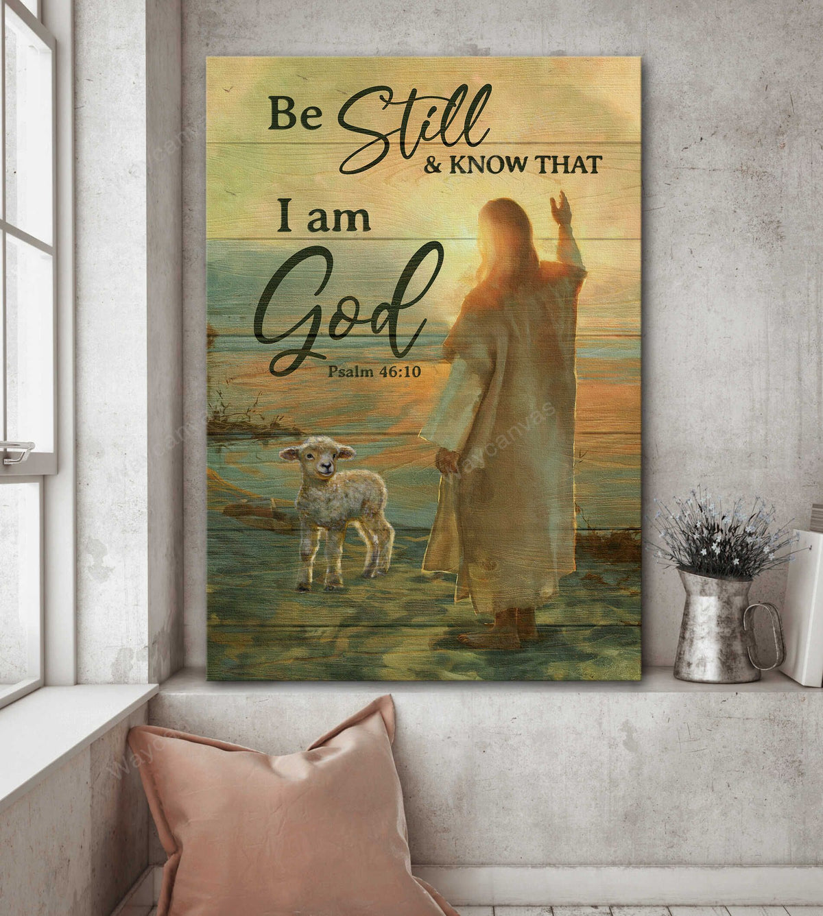 Lamb of Jesus, Orange sunset, Beautiful beach, Be still and know that I am God - Jesus Portrait Canvas Prints, Wall Art