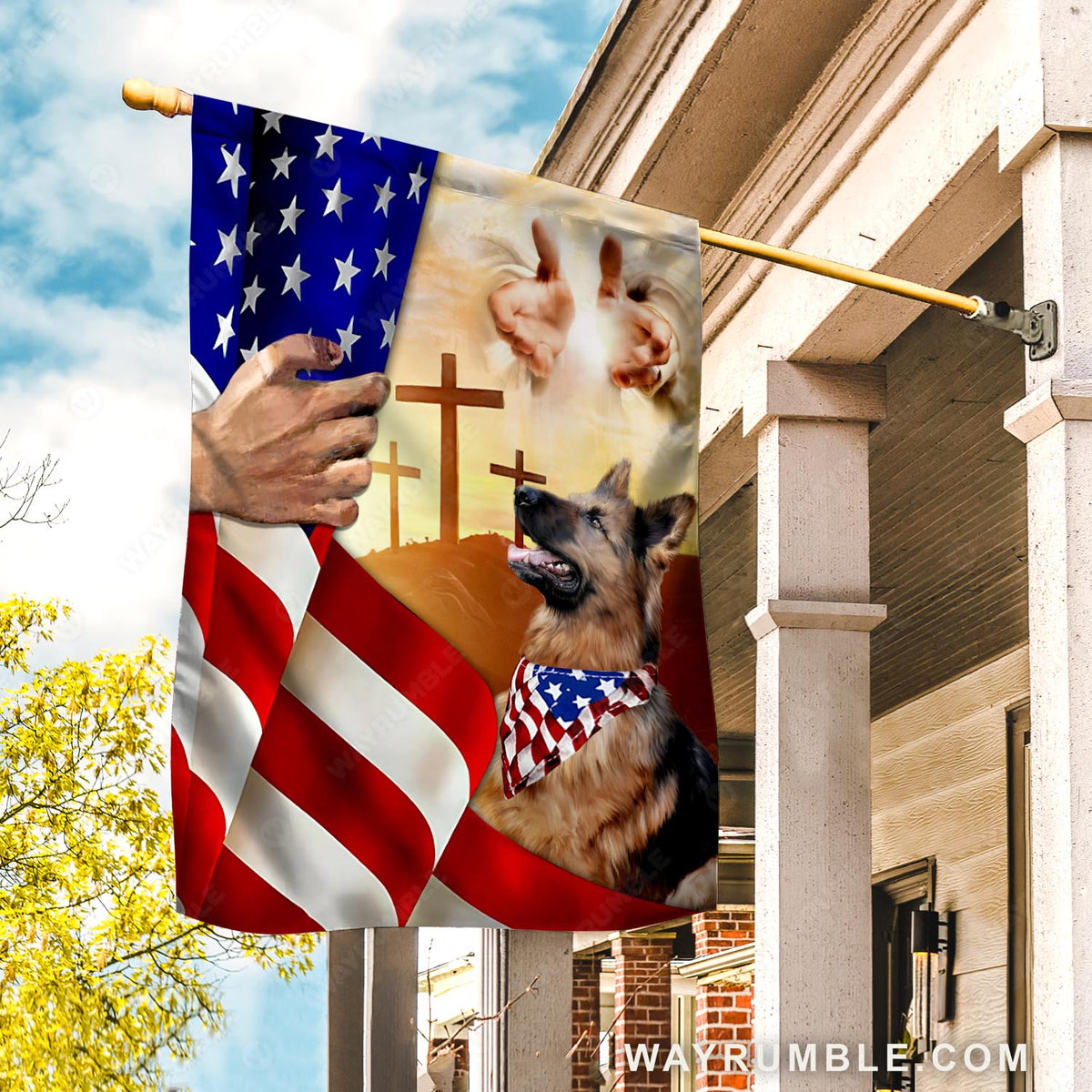 German Shepherd drawing, USA flag, Jesus hands - Jesus Flag
