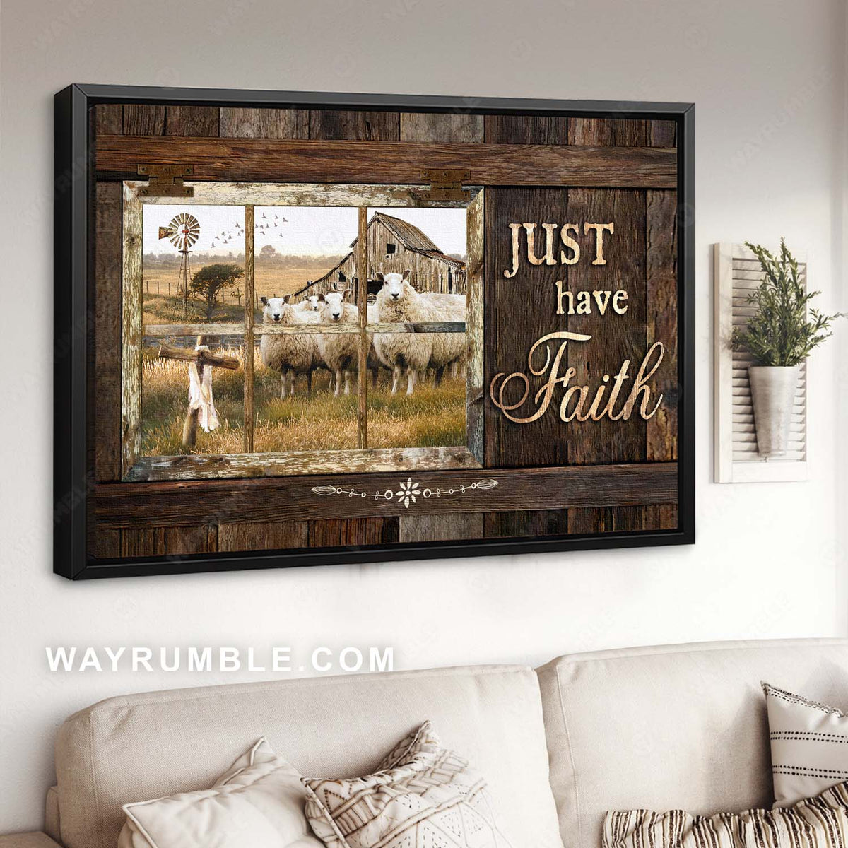 Rustic farmhouse, Amazing sheep, Wooden cross, Just have faith - Jesus Landscape Canvas Prints, Home Decor Wall Art