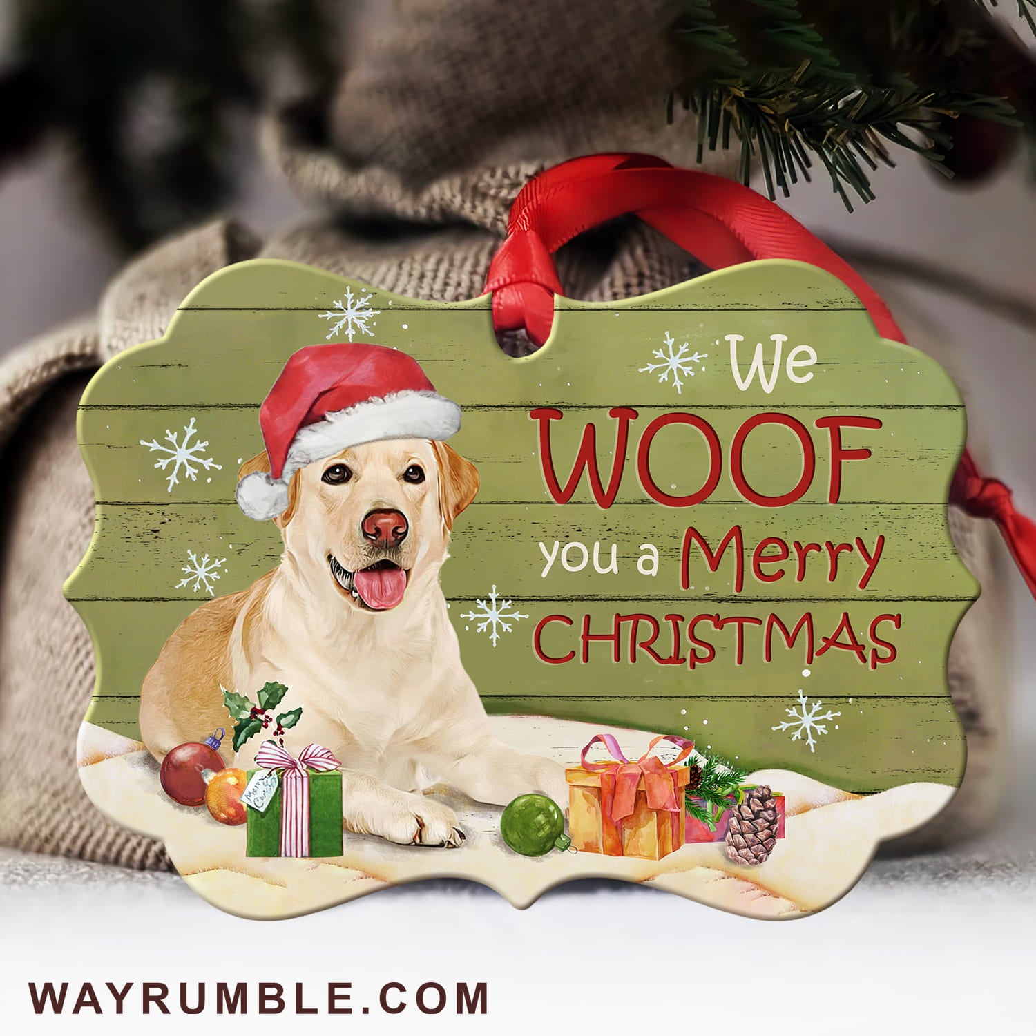 Labrador with Christmas gift, We woof you a Merry Christmas - Labrador Aluminum Ornament