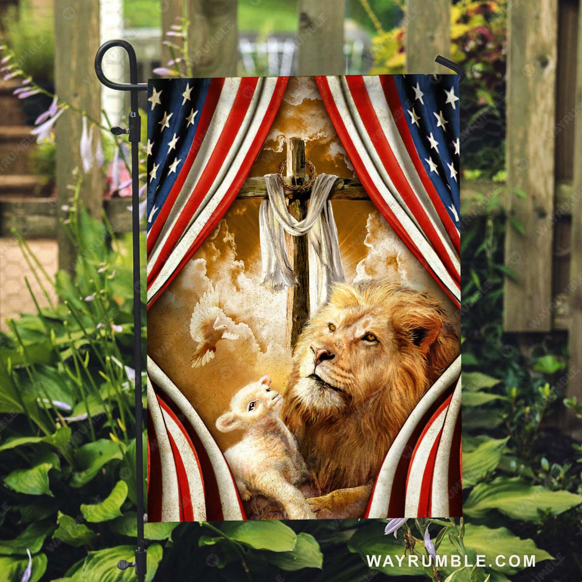 Wooden cross, Lion of Judah, Lamb of God, American flag, Holy spirit dove - Jesus Flag