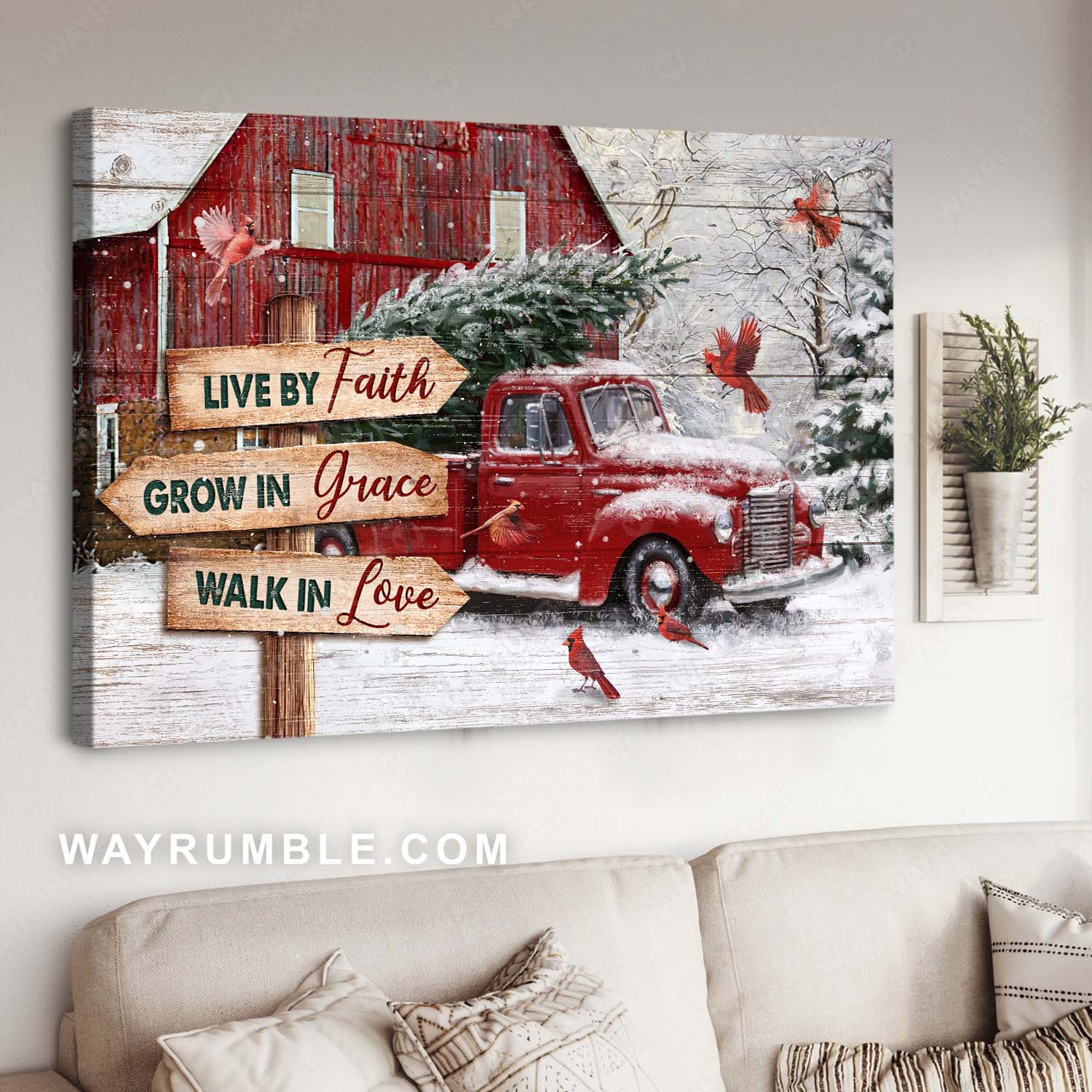 Cardinal drawing, Red barn house, Beautiful snowfall, Faith, Grace, Love - Jesus Landscape Canvas Prints, Home Decor Wall Art