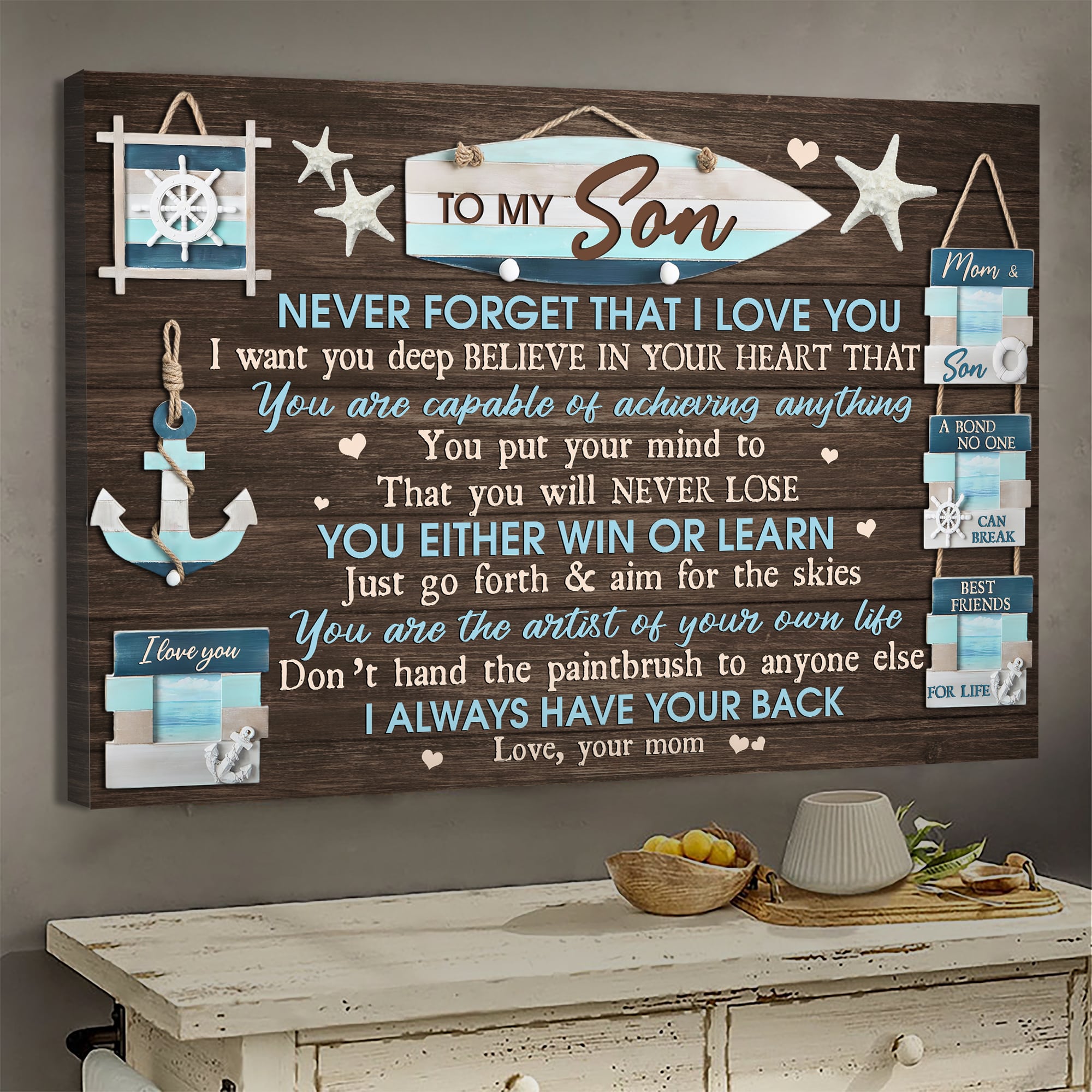 Mom to son, Surfboard, Anchor, Helm, Just go forth & aim for the skies - Family Landscape Canvas Prints, Wall Art