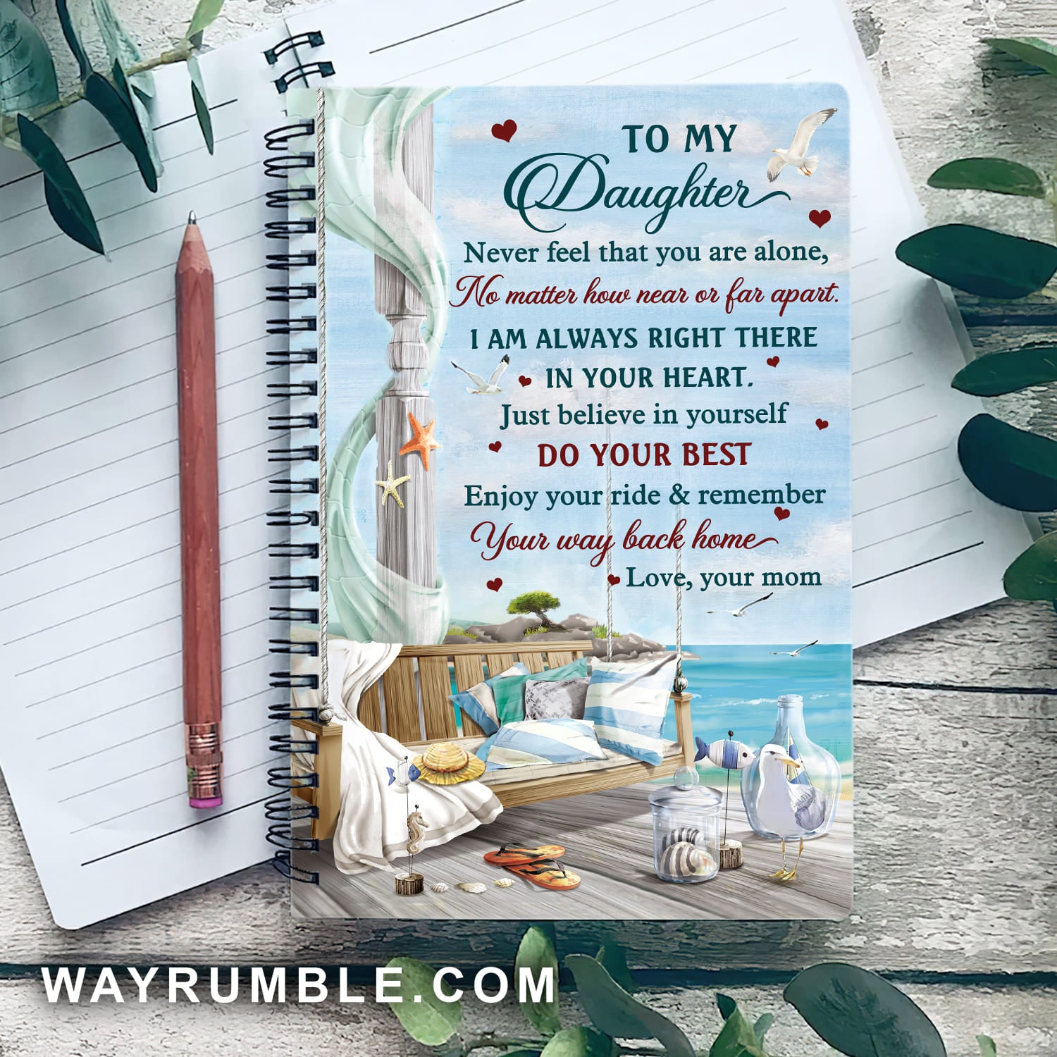 Mom to daughter - Swing in the beach - Never feel that you are alone - Spiral Journal