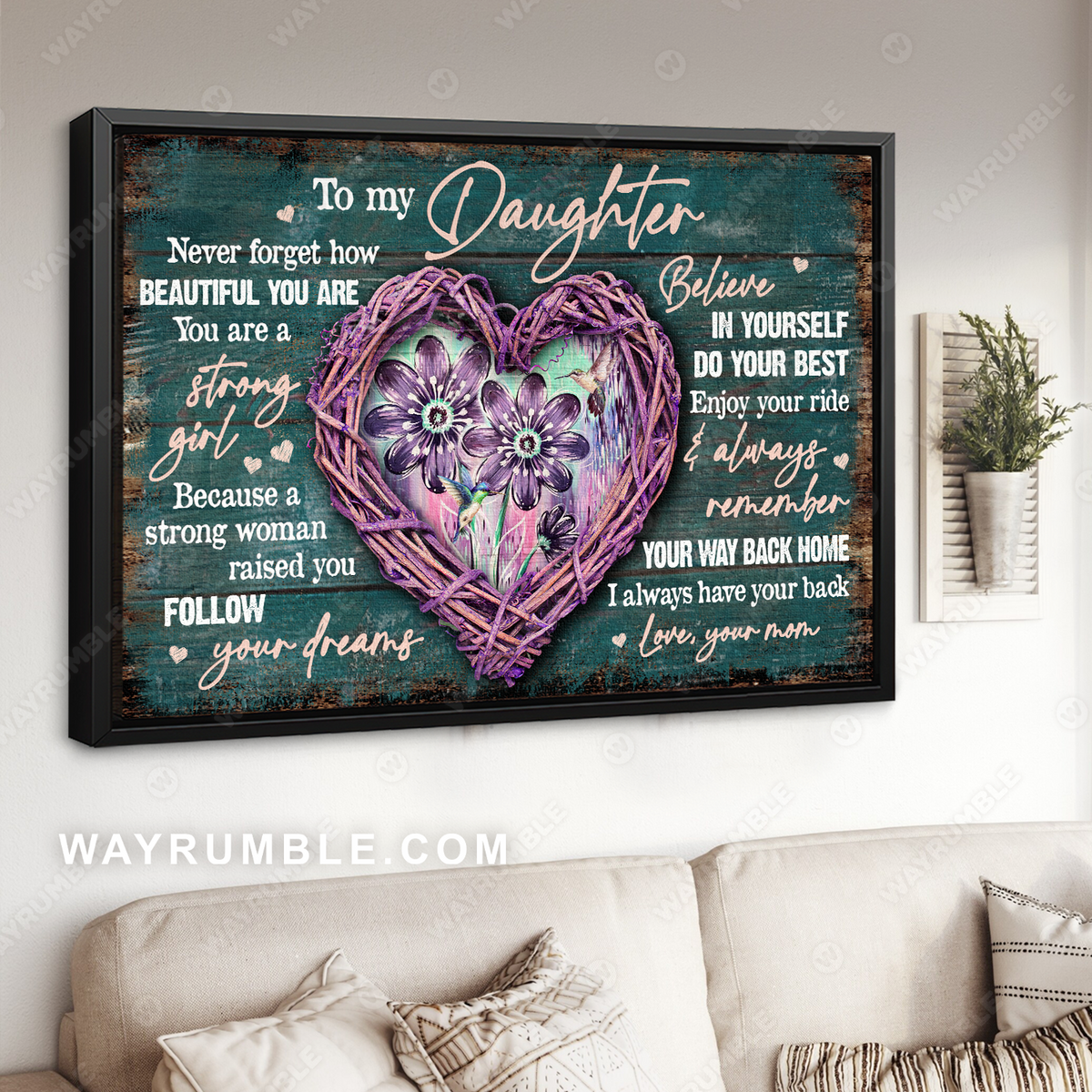 Mom to daughter, Purple heart, Watercolor flower, I always have your back - Family Landscape Canvas Prints, Wall Art