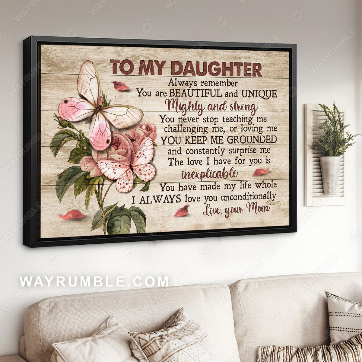 Mom to daughter, Pink butterfly, Rose drawing, You are beautiful and unique - Family Landscape Canvas Prints, Wall Art