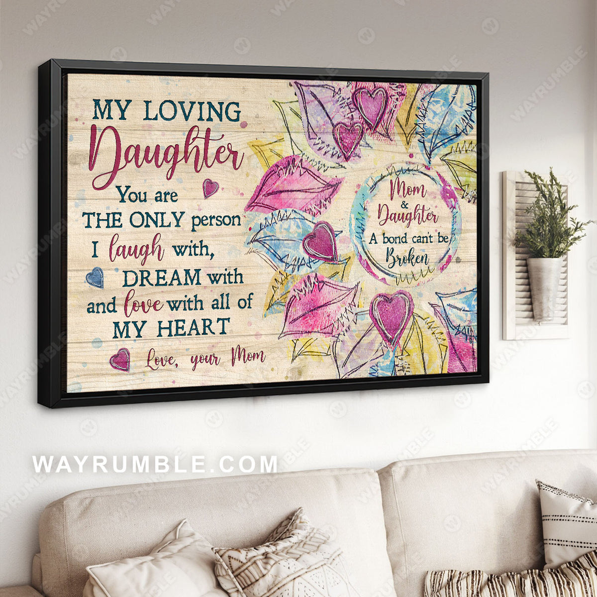 Mom to daughter, Colorful flower painting, Pink heart, Love with all of my heart - Family Landscape Canvas Prints, Wall Art