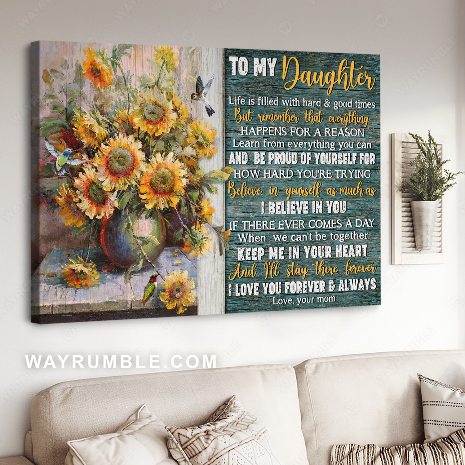 Mom to daughter, Sunflower vase, Still life drawing, I believe in you - Family Landscape Canvas Prints, Wall Art