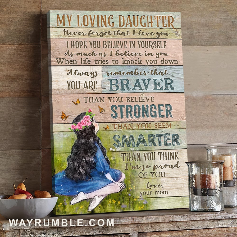 Mom to daughter, Green meadow, Flower wreath, You are braver than you believe - Family Portrait Canvas Prints, Wall Art