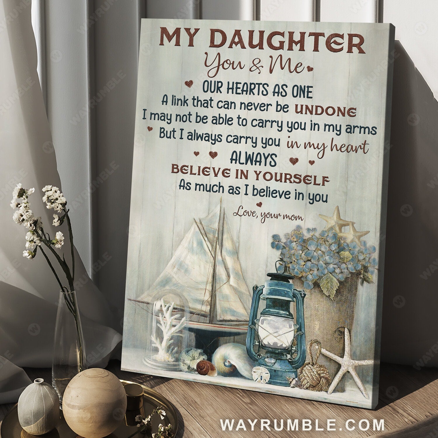 Mom to daughter, Blue flower, Boat model, I always carry you in my heart - Family Portrait Canvas Prints, Wall Art