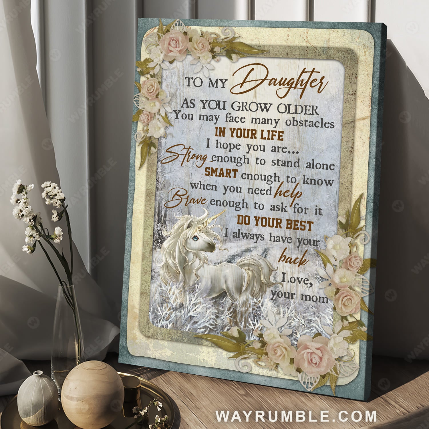 Mom to daughter, White horse, Winter forest, Flower frame, I always have you back - Family Portrait Canvas Prints, Wall Art