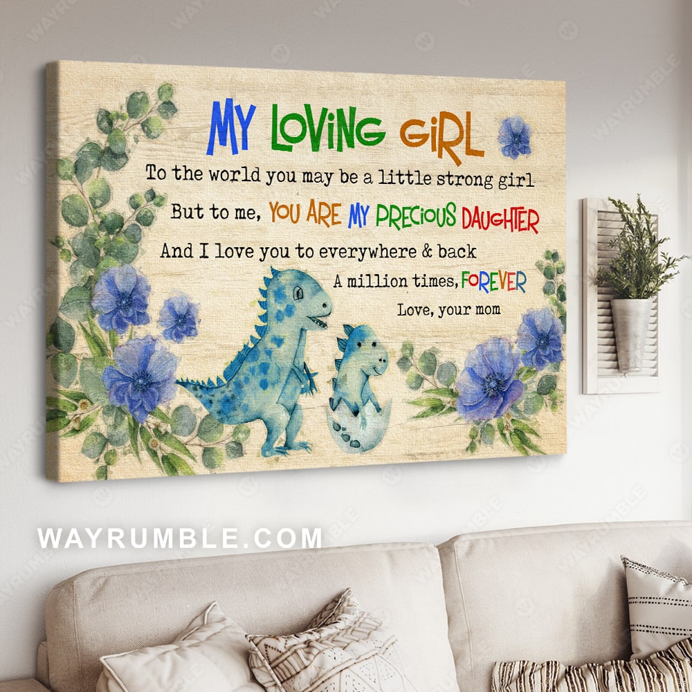 Mom to daughter, Purple poppy painting, Blue dinosaur, You are my precious daughter - Family Landscape Canvas Prints, Wall Art