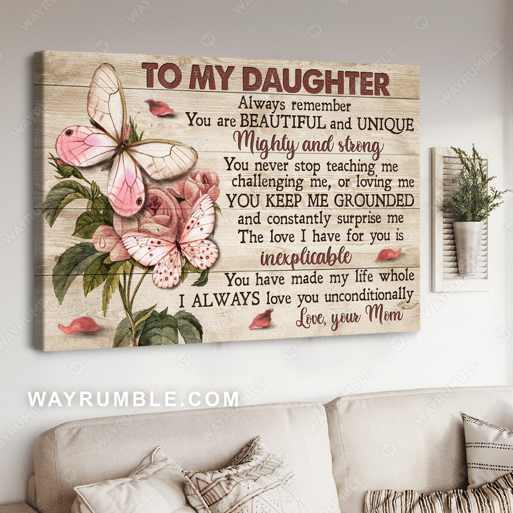 Mom to daughter, Pink butterfly, Rose drawing, You are beautiful and unique - Family Landscape Canvas Prints, Wall Art