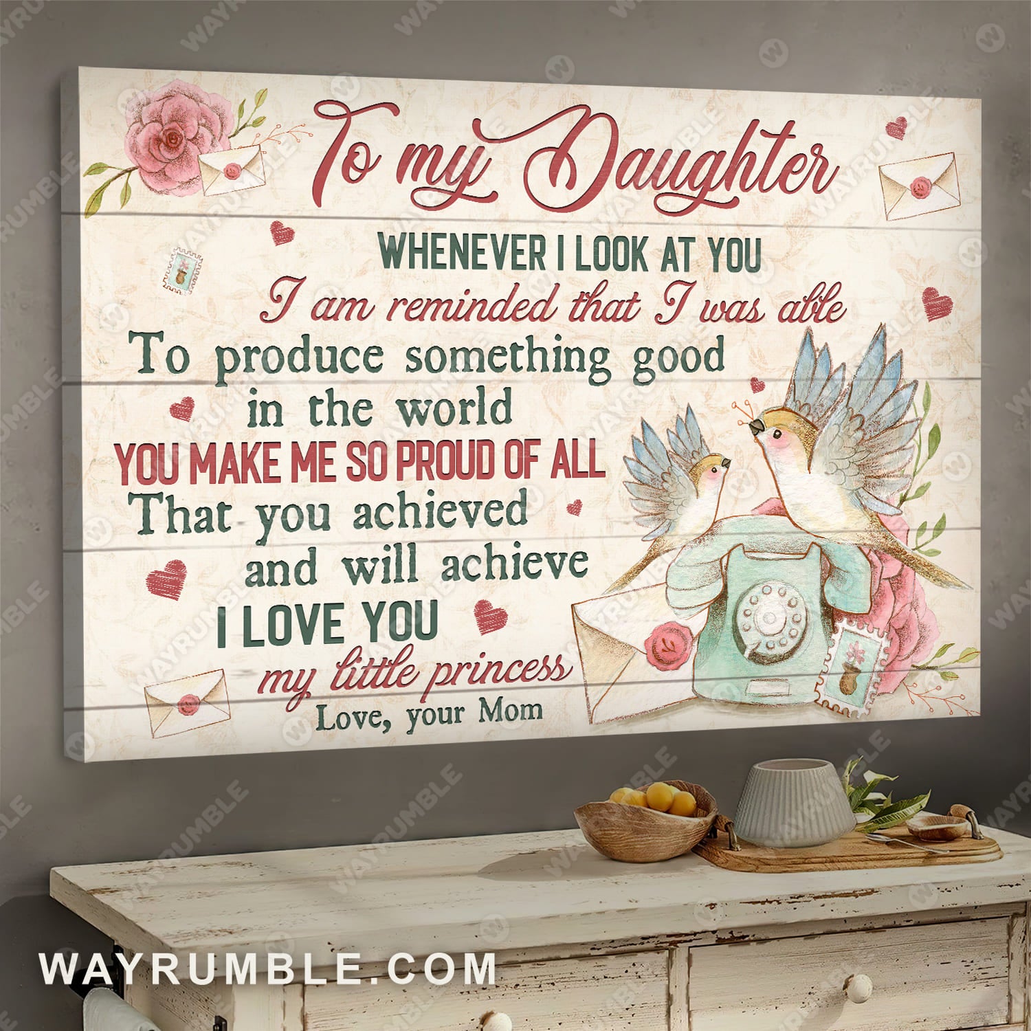 Mom to daughter, Colorful bird drawing, I love you my little princess - Family Landscape Canvas Prints, Wall Art