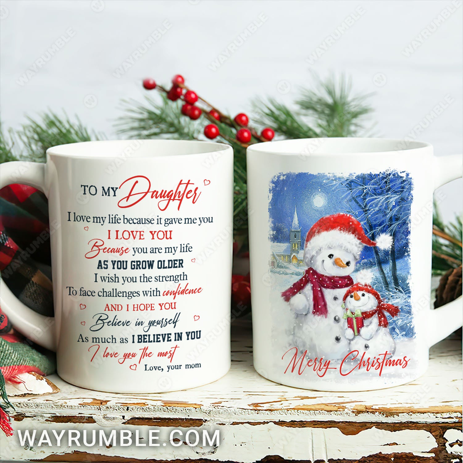 Mom to daughter, Cute snowman, Christmas night, I love you because you are my life - Family White Mug