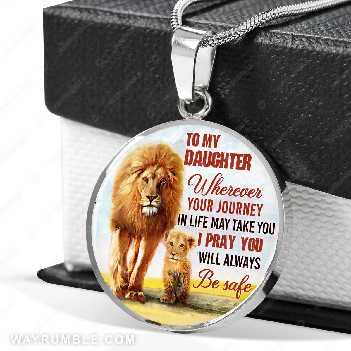 Mom to daughter, Watercolor lion, Meadow land, I pray you will always be safe - Family Circle Necklace