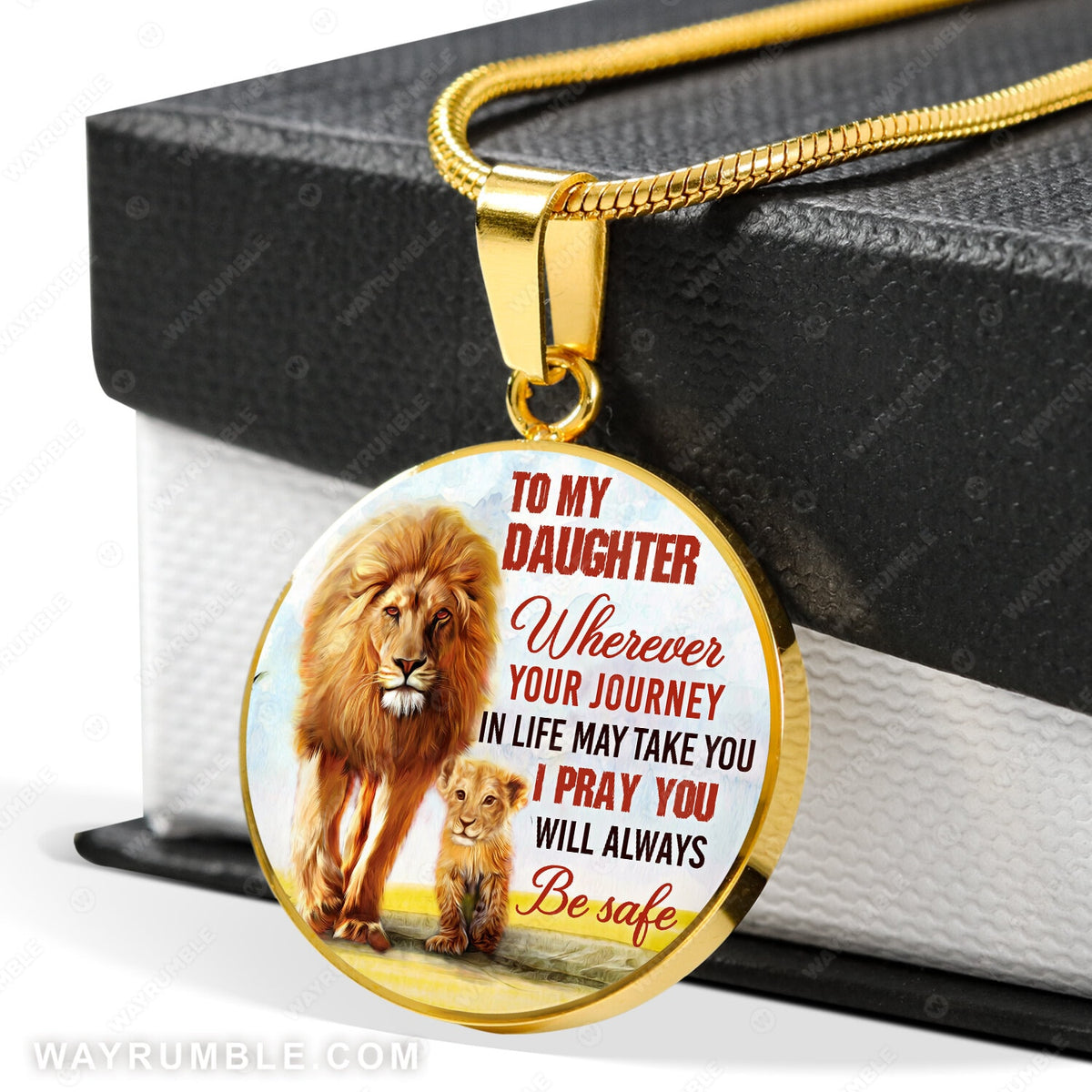 Mom to daughter, Watercolor lion, Meadow land, I pray you will always be safe - Family Circle Necklace