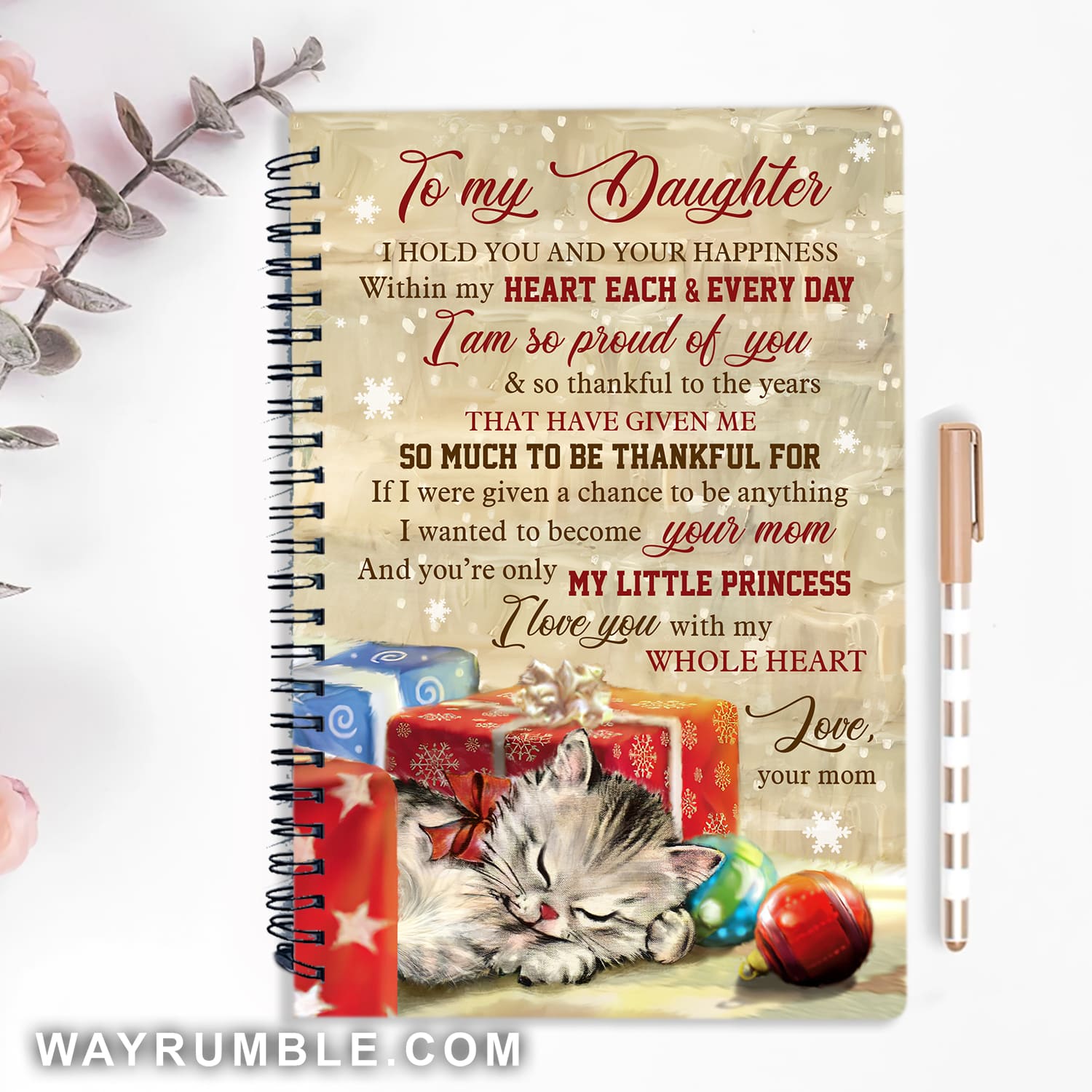 Mom to daughter, Cute cat drawing, I love you with my whole heart - Family Spiral Journal