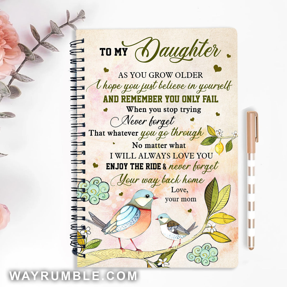 Mom to daughter, Nest bird, Pastel background, Never forget your way back home - Family Spiral Journal