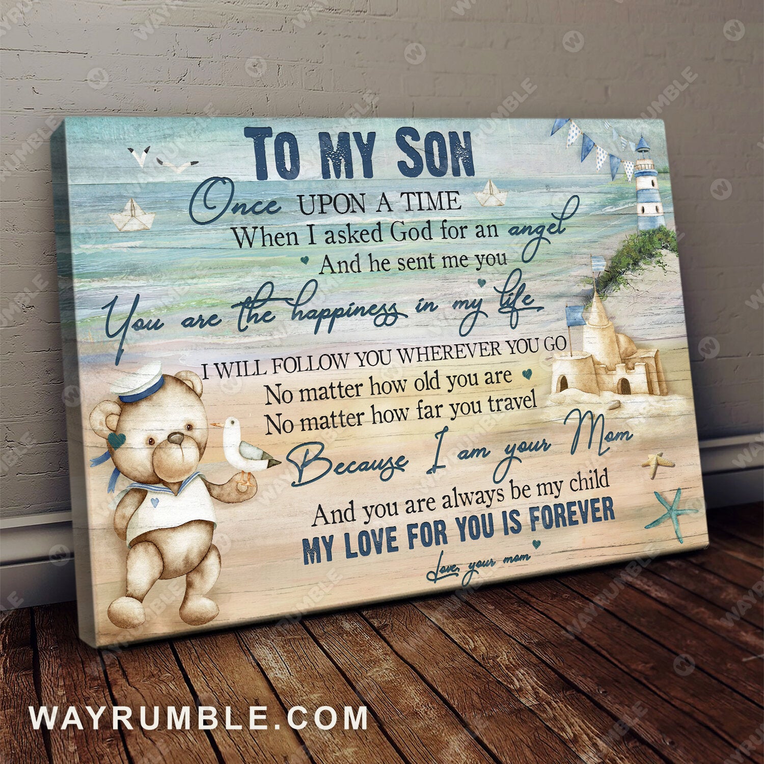 Mom to son, Teddy bear, Sand castle, You are the happiness in my life - Family Landscape Canvas Prints, Wall Art