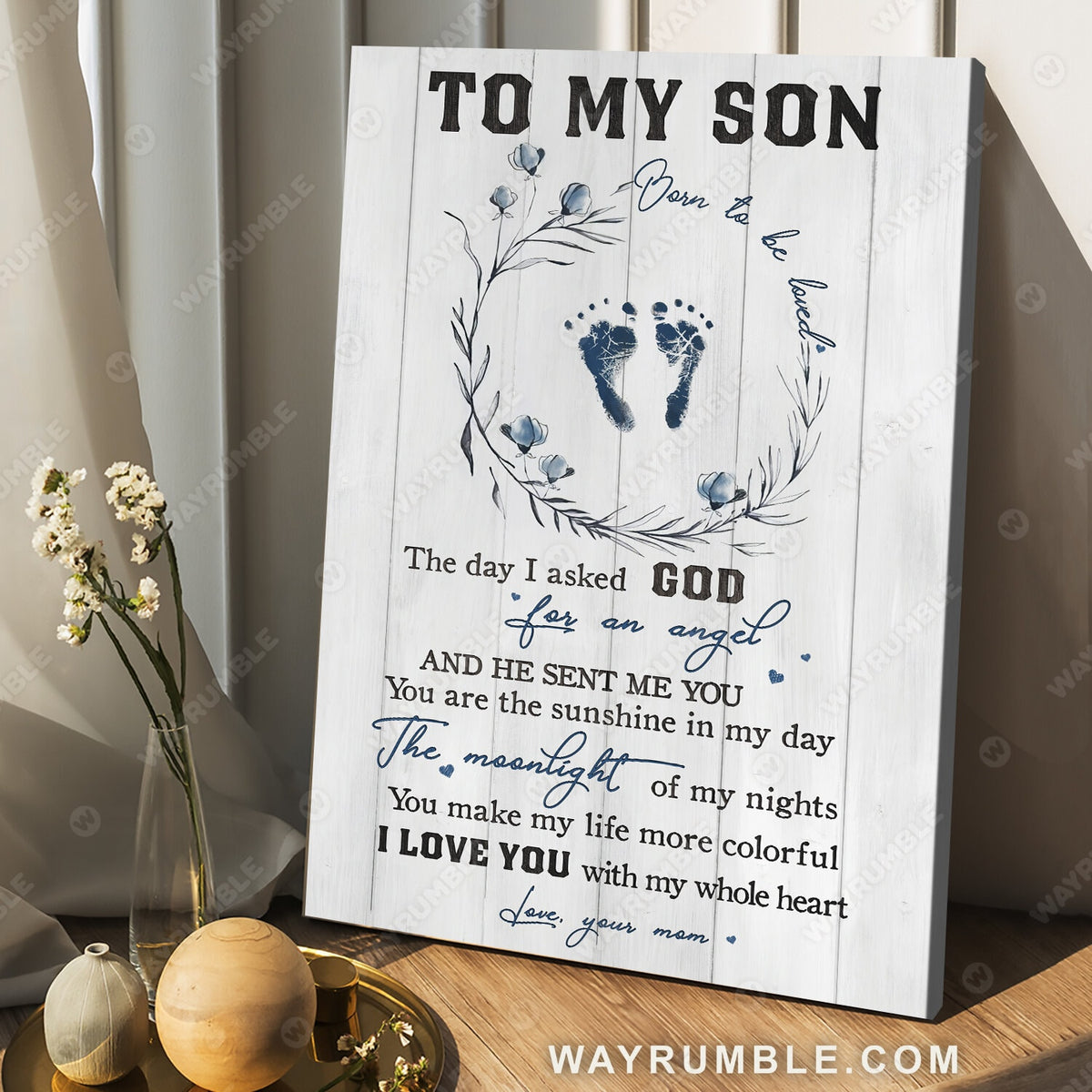 Mom to son, Foot drawing, Beautiful wreath, I love you with my whole heart - Family Portrait Canvas Prints, Wall Art