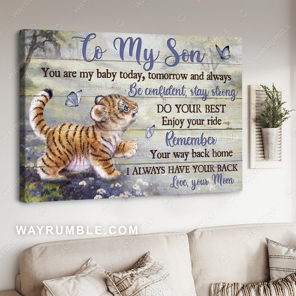 Mom to son, Tiger drawing, Purple butterfly, I always have your back - Family Landscape Canvas Prints, Wall Art
