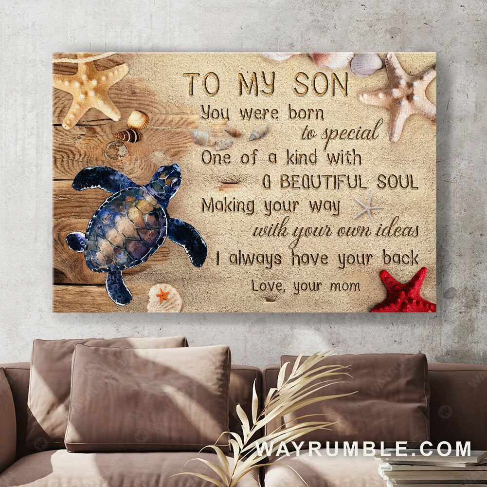 Mom to son, Sea turtle, Beach drawing, I always have you back - Family Landscape Canvas Prints, Wall Art