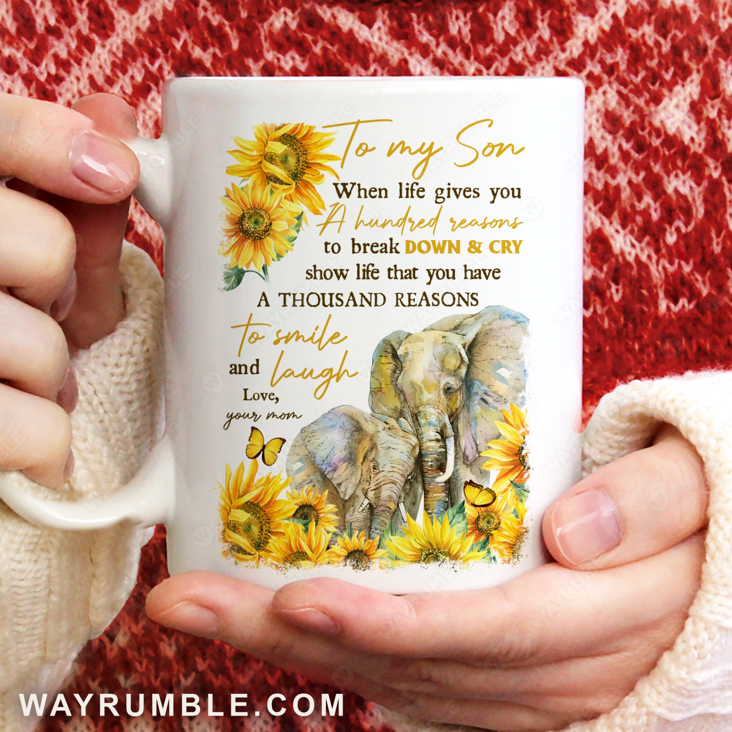 Mom to son, Watercolor elephant, Sunflower painting, You have a thousand reasons to smile and laugh - Family White Mug