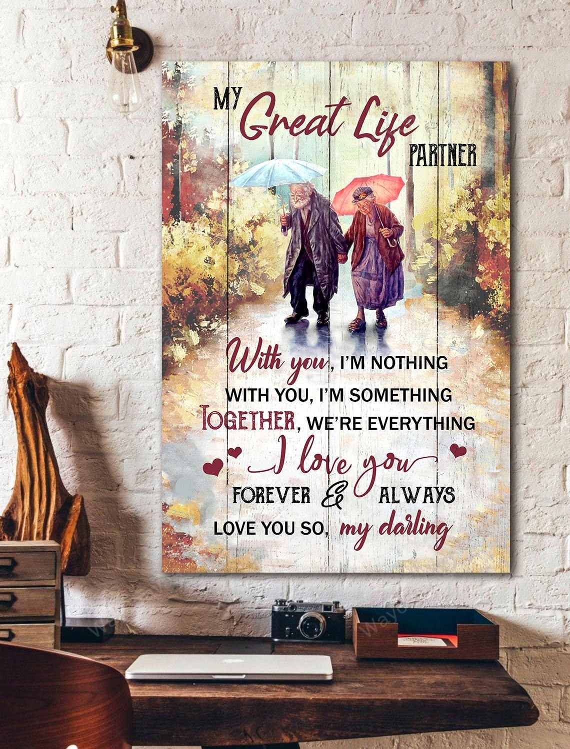 Old couple walking, Umbrella drawing, Autumn forest, I love you forever & always - Couple Portrait Canvas Prints, Wall Art