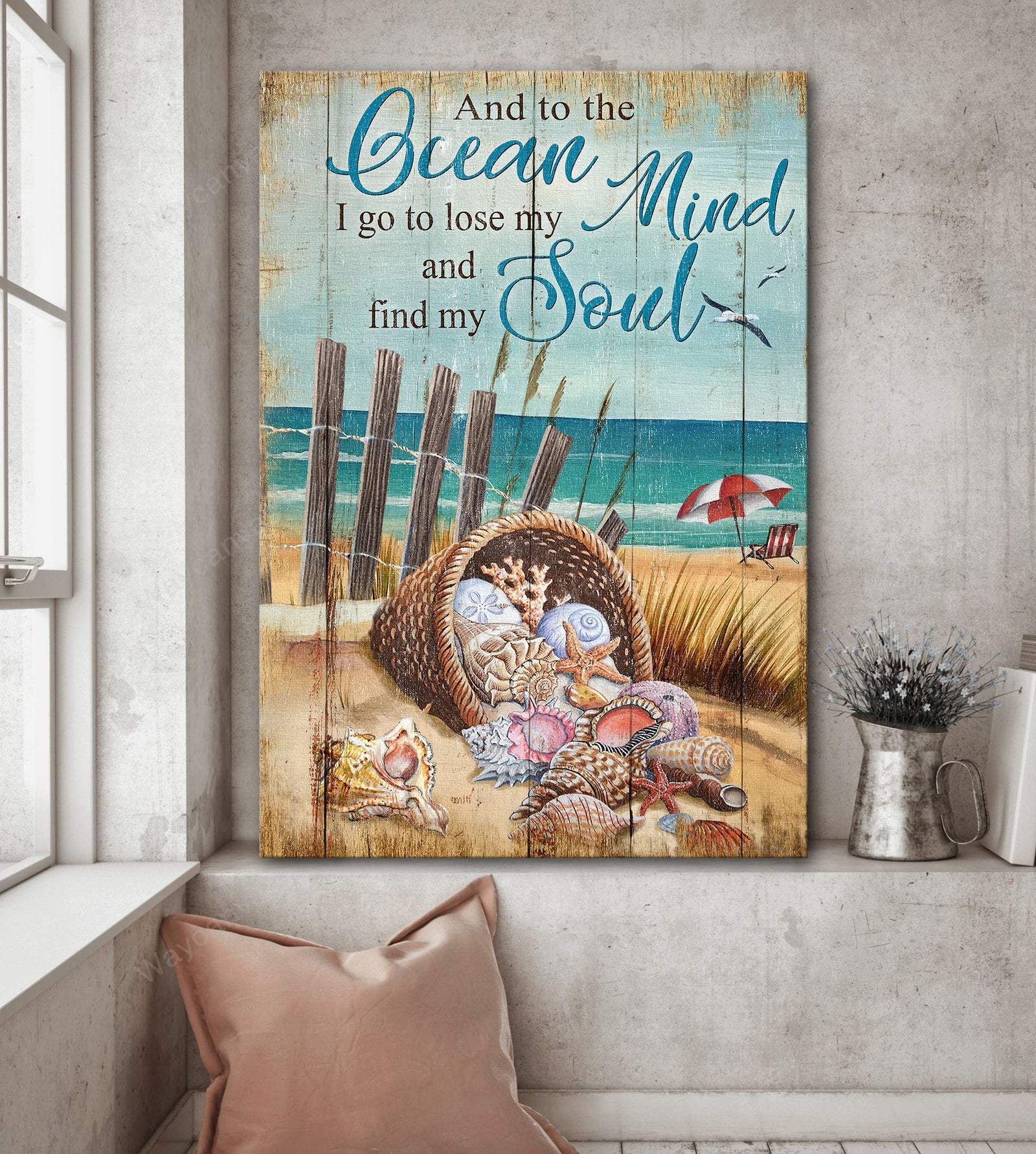 Seashell Basket, Beach, And to the ocean I go to lose my mind and find my soul - Ocean Portrait Canvas Prints, Wall Art