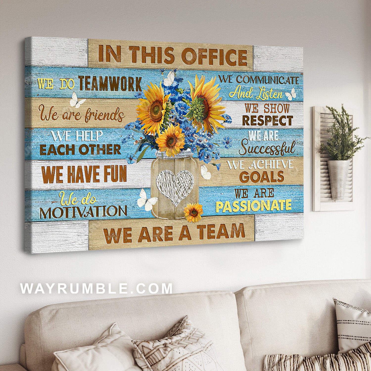 Sunflower painting, In this office, we are a team - Office Landscape Canvas Prints, Blue Wall Art