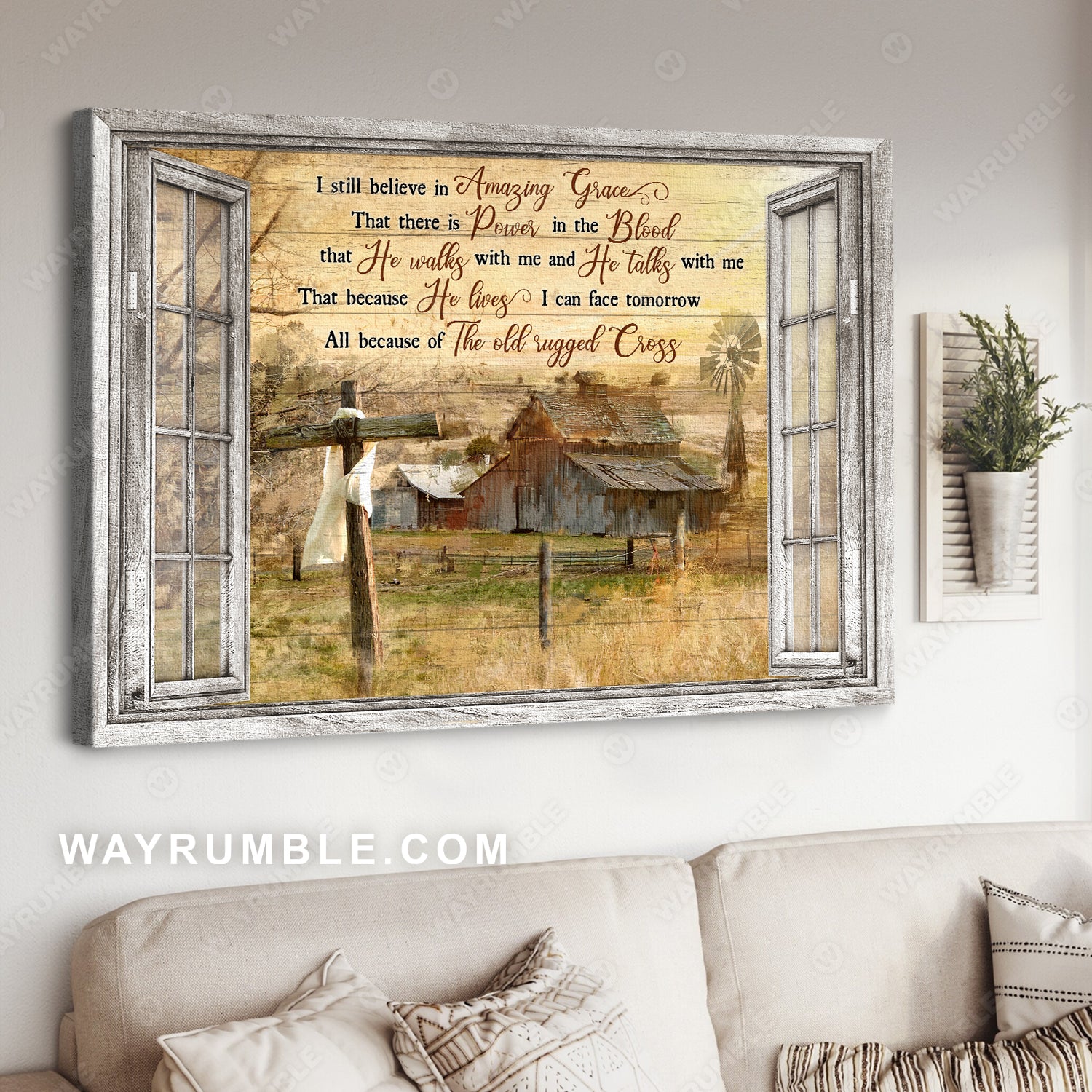 Old Barn Painting, Countryside landscape, I still believe in amazing grace - Jesus, White Window frame Landscape Canvas Prints, Wall Art