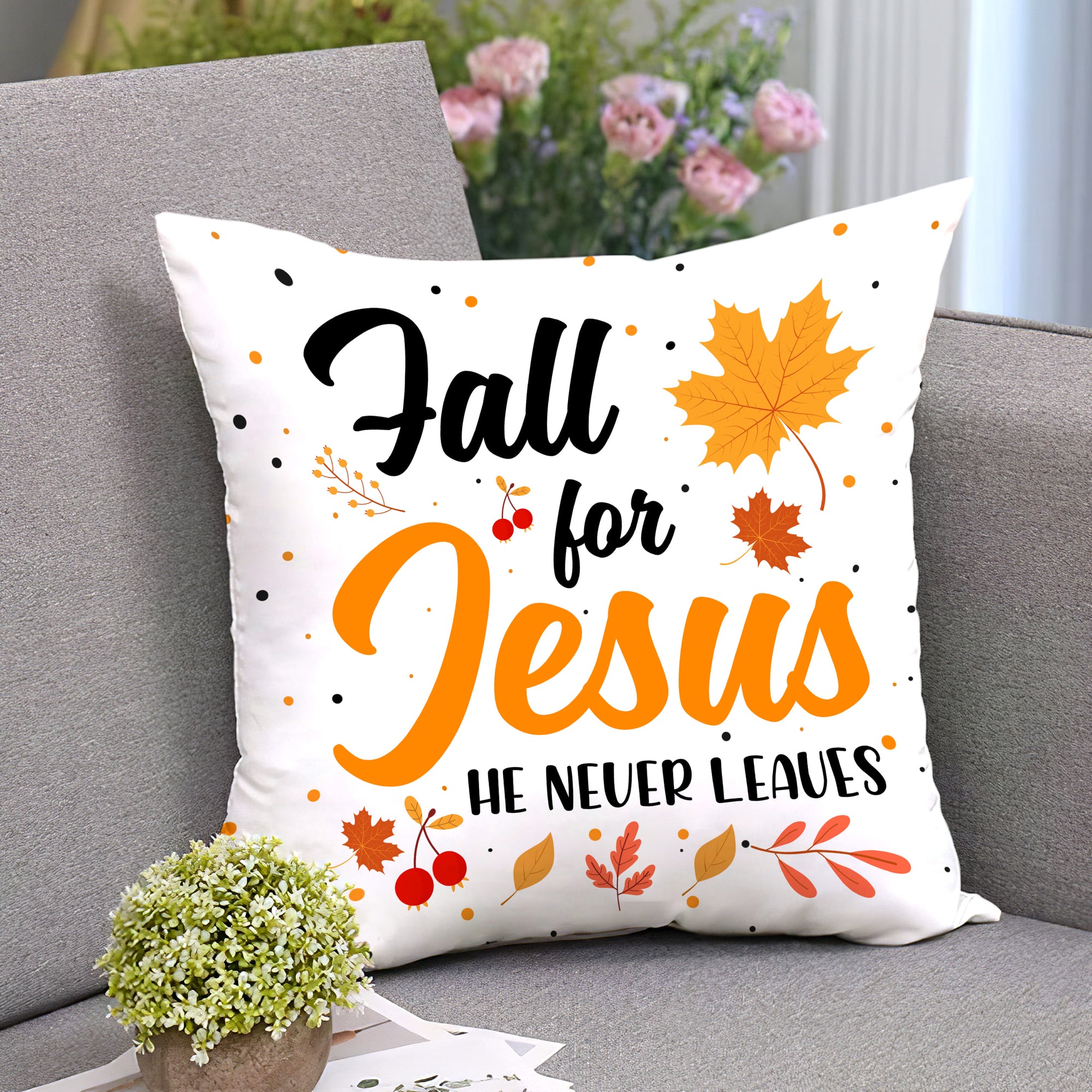 Autumn season, Maple leaf - Fall for Jesus, he never leaves Jesus White Pillow