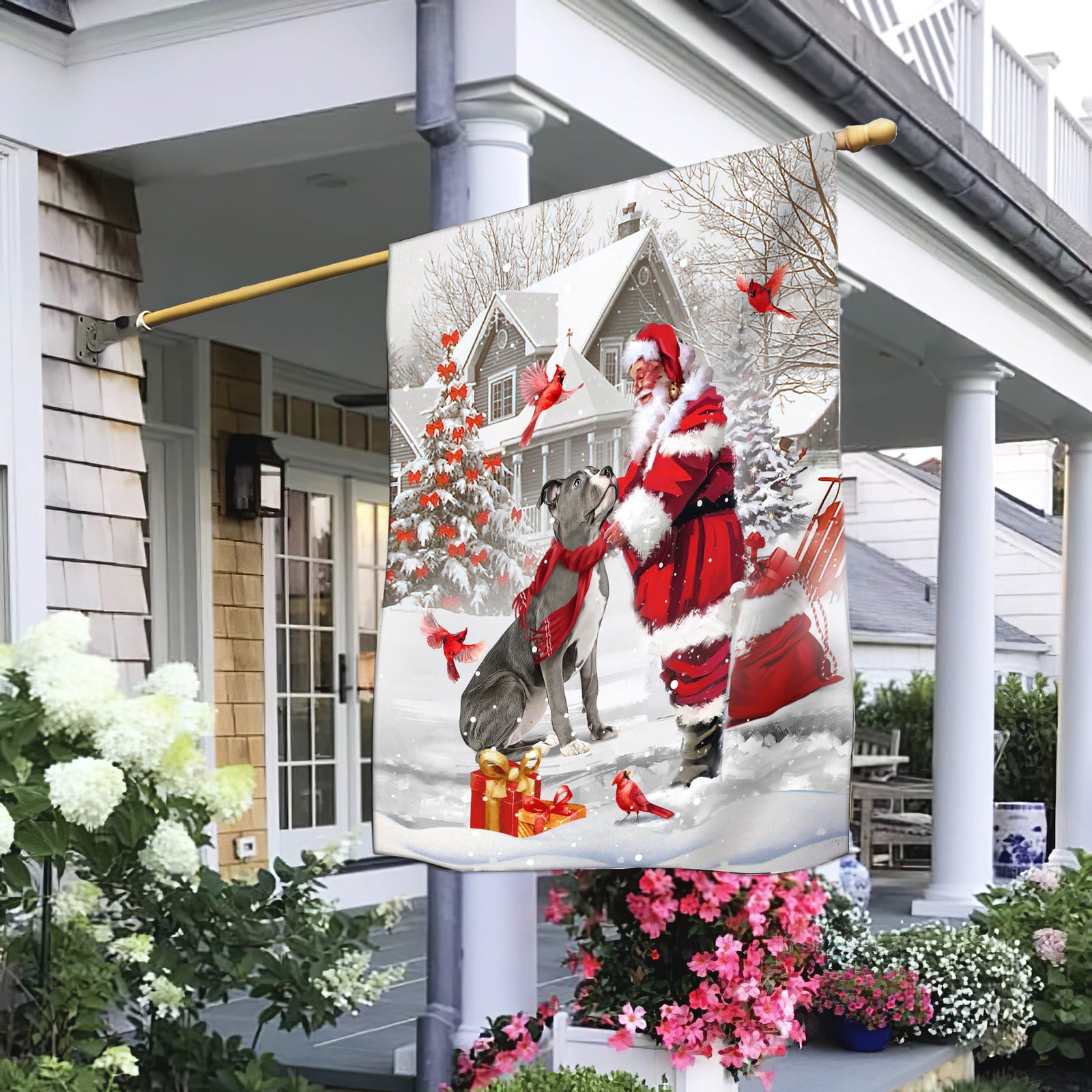 Pit Bull painting, Santa Claus, In the winter garden, Hummingbird - Christmas Flag