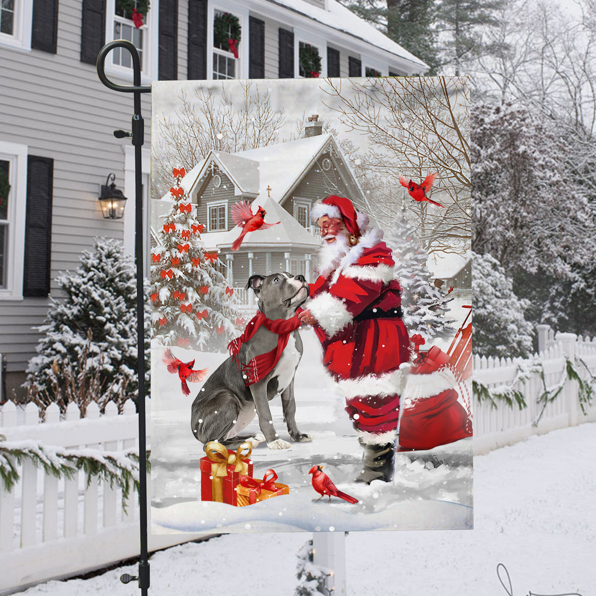 Pit Bull painting, Santa Claus, In the winter garden, Hummingbird - Christmas Flag