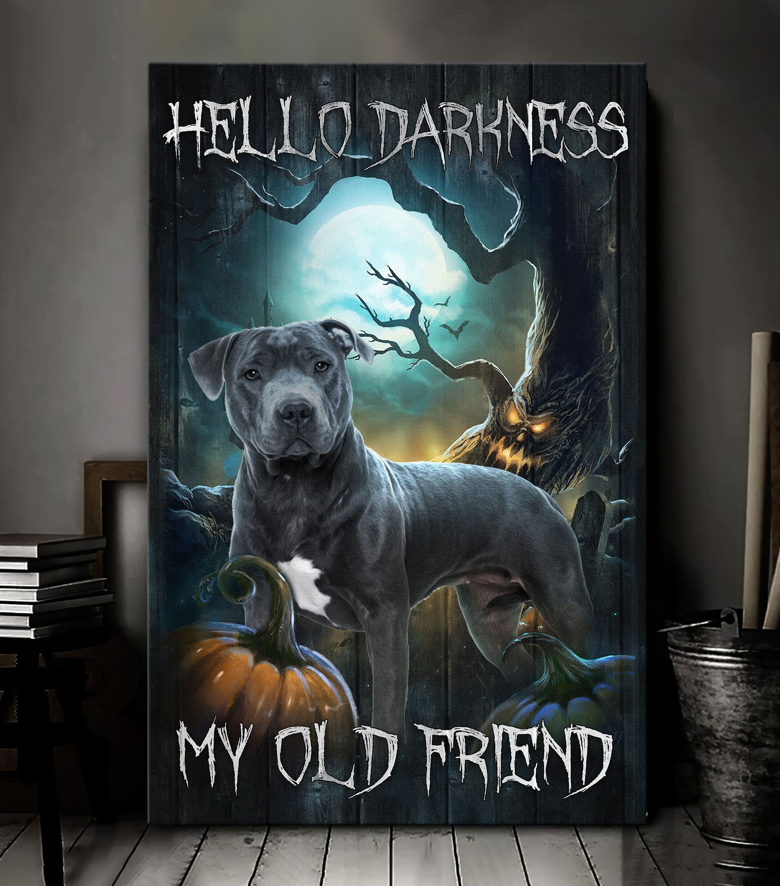 Pitbull, Ghost tree, Pumpkin, Hello Darkness my old friend - Dog Portrait Canvas Prints, Wall Art